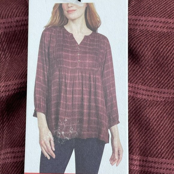 Wrangler Womens Burgundy Plaid 3/4 Sleeve Top L Viscose NWT 3299 - Picture 5 of 9
